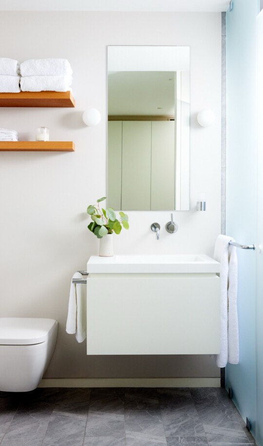 Bright minimalist bathroom with a white floating vanity, wall mirror, plant, towel shelves, toilet, and a glass shower door.