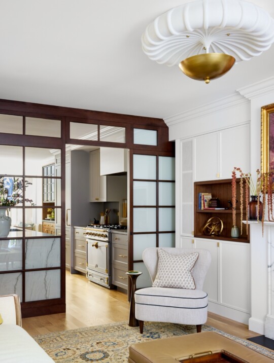 Bright living area with white built-ins and a glass-pane divider to a stainless kitchen; a cushioned chair sits on a patterned rug beneath a gold-accent ceiling light.